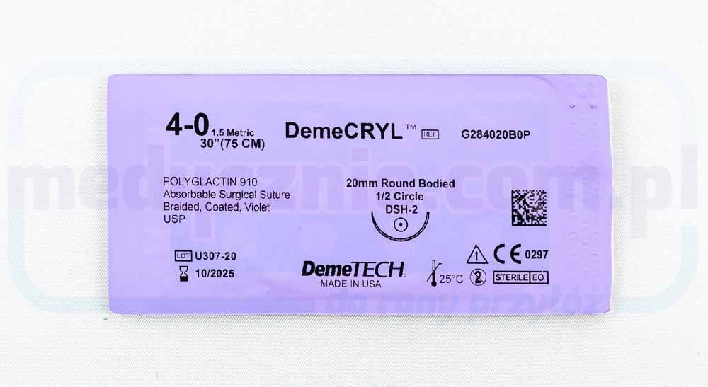DEMECRYL Sutură chirurgicală (absorbabilă) 4/0 75cm violet cu ac rotunjit 1/2 20mm DEMETECH 1 buc